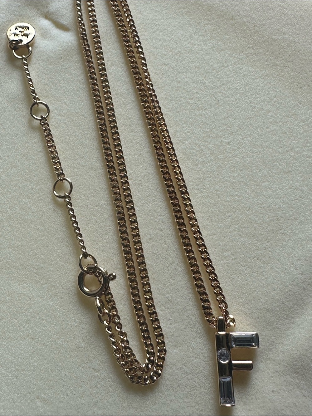 Authentic Fendi Crystal F Logo Pendant Necklace Gold Tone 15–19” w/ Box